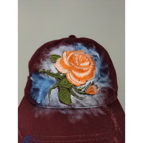 Newhattan Slideback OSFA Hat Red Hand Painted Flower Distressed Cap - Picture 3 of 10